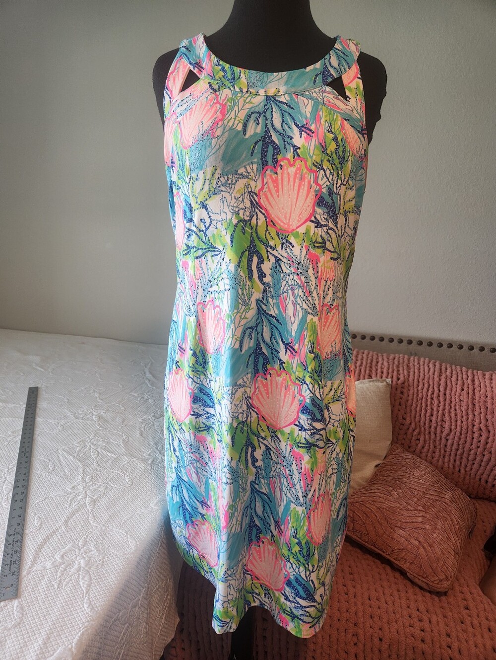 Sleeveless Tropical Floral Shift Dress - Blue with Pink & Green